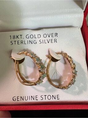 Macy's 18KT Gold Over Sterling Silver Hoop Earrings with Green Stones